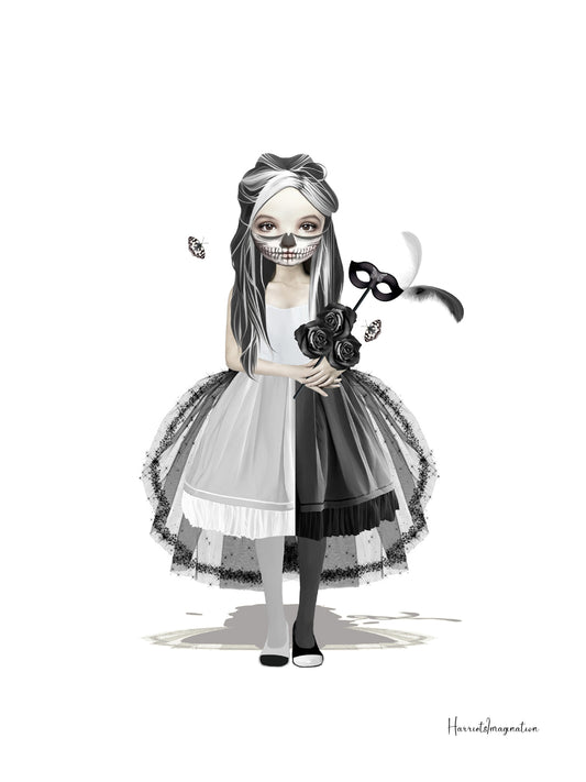 Unframed Skull Girl art print featuring a whimsical and gothic design, perfect for Whimsigoth decor.