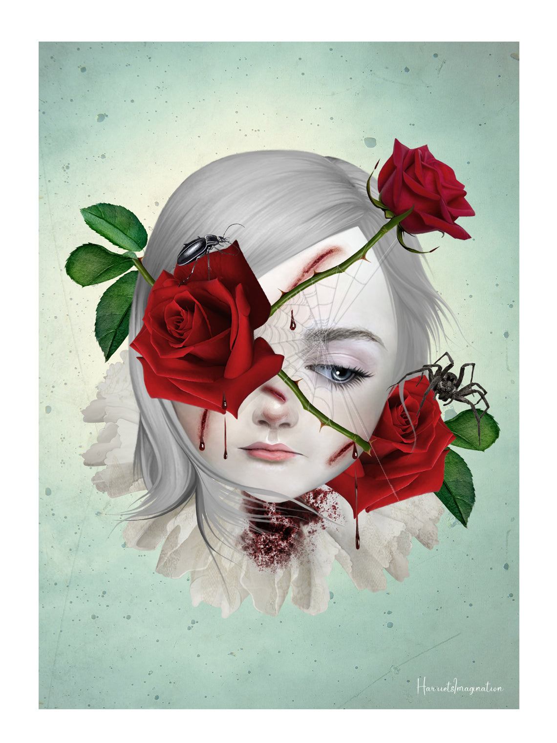 Unframed art print of a girl with thorny red roses bleeding from the thorns, surrounded by a spider and beetle, capturing a sense of emotion and depth in a surreal dark fantasy style.