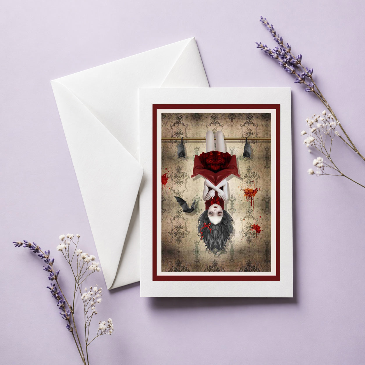Art greeting card of a Moody vampire girl surrounded by bats in creepy cute style.