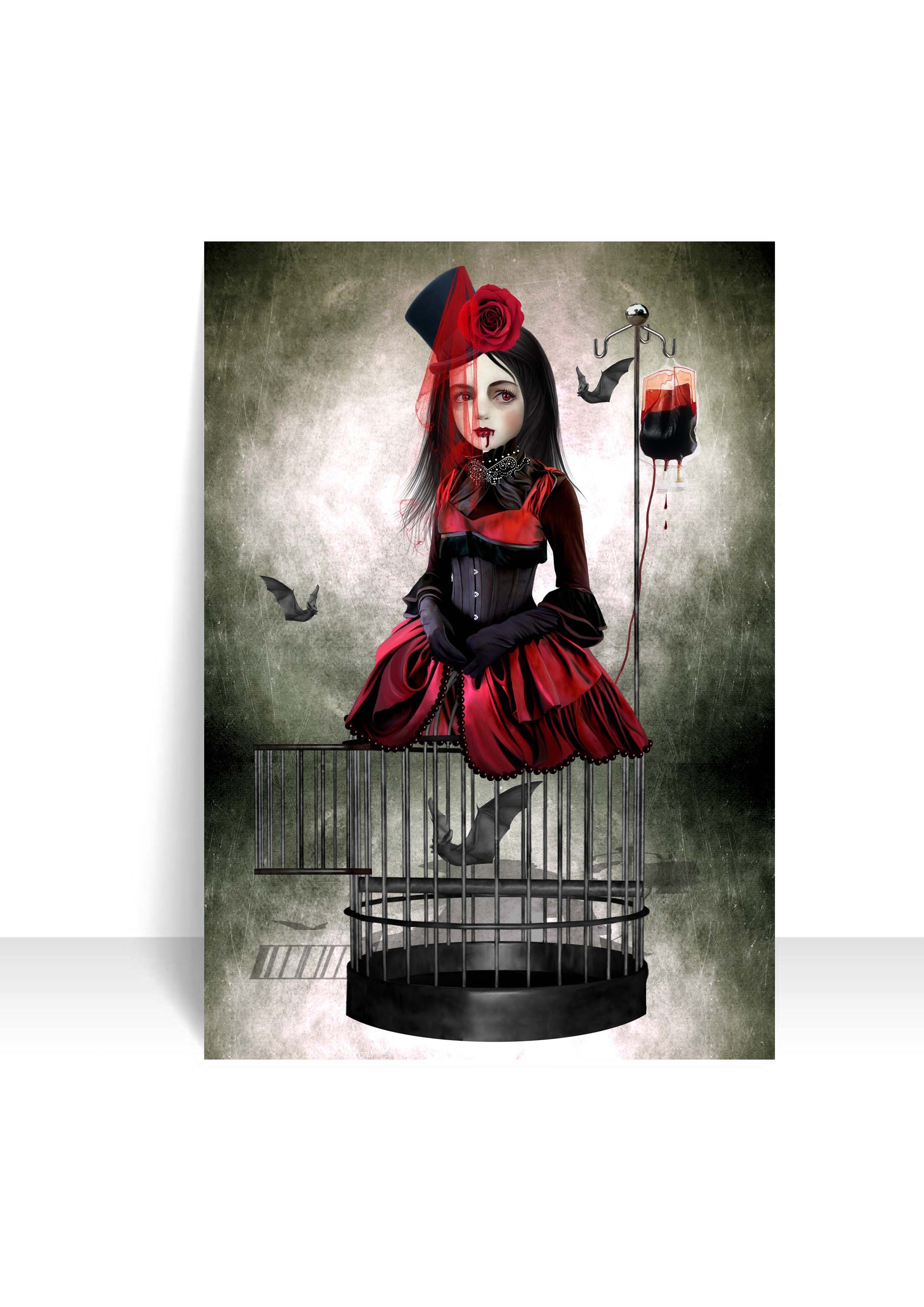 Gothic art postcard featuring a mysterious Vampire girl and bats blending dark fantasy with a macabre, artistic style.