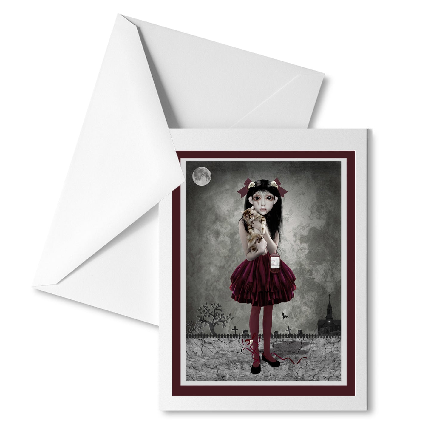Vampire girl and cat greeting card with matching envelope, perfect for sending a dark, whimsical message.