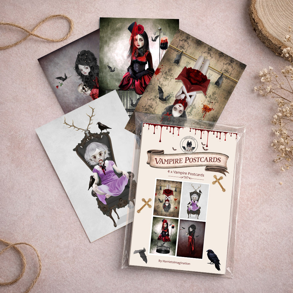 Vampire-themed postcards with a decorative box on a light surface.