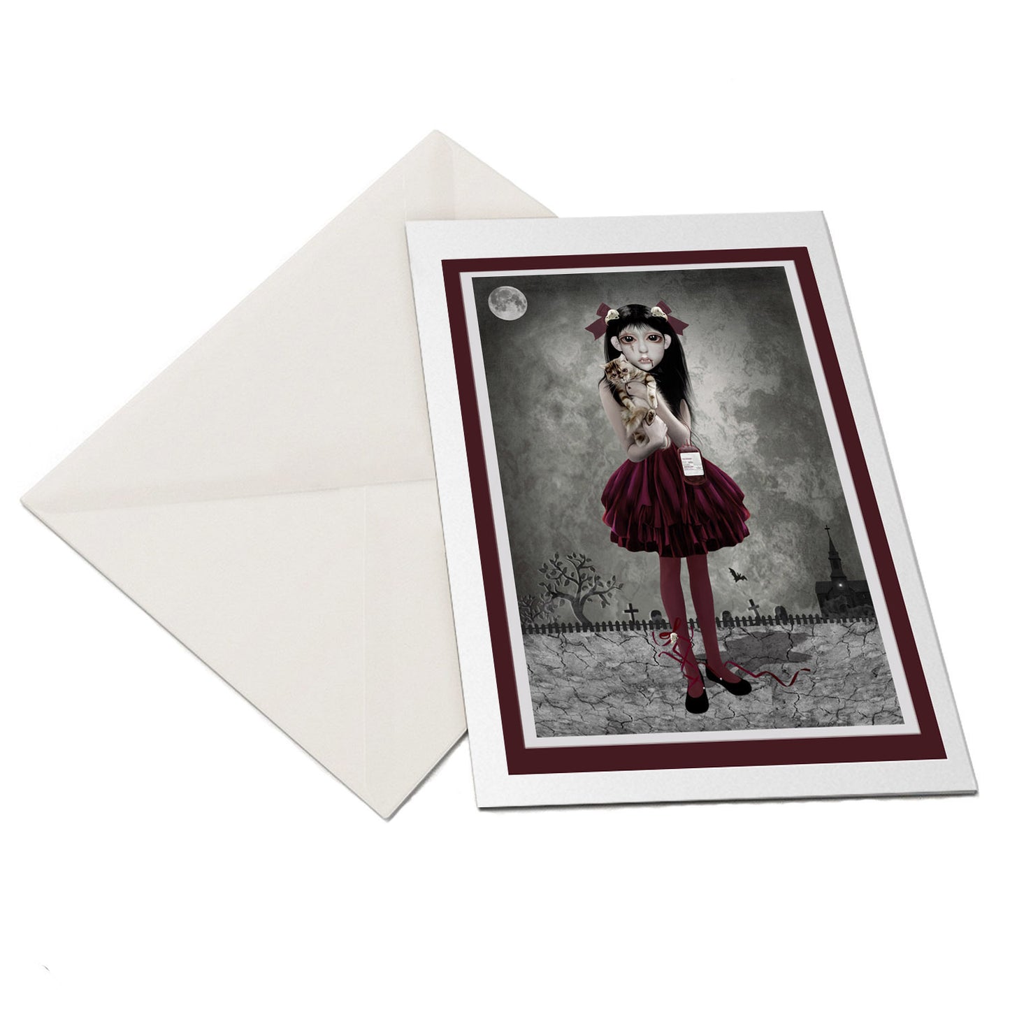 The flat-lay of the Vampire girl and cat greeting card and matching envelope is ideal for any occasion.