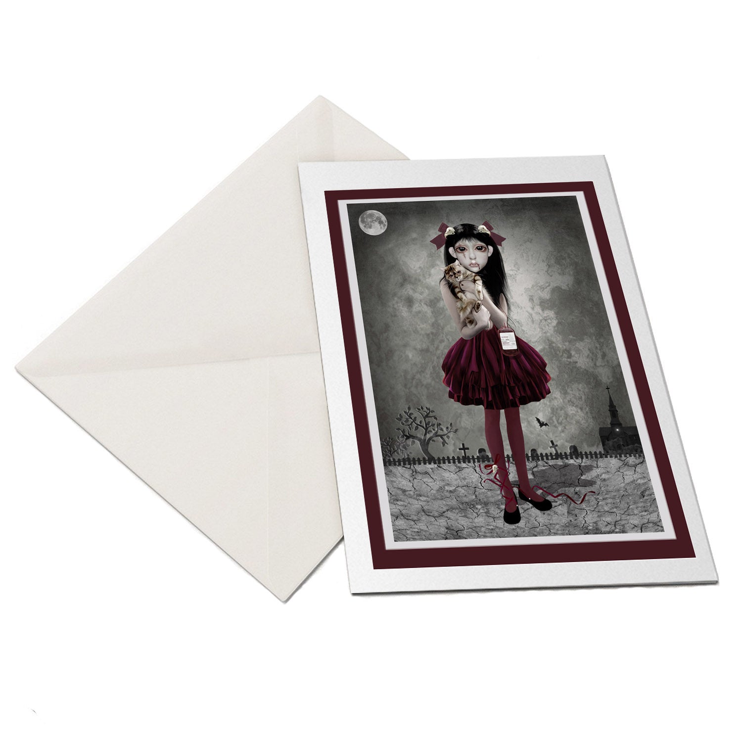 The flat-lay of the Vampire girl and cat greeting card and matching envelope is ideal for any occasion.