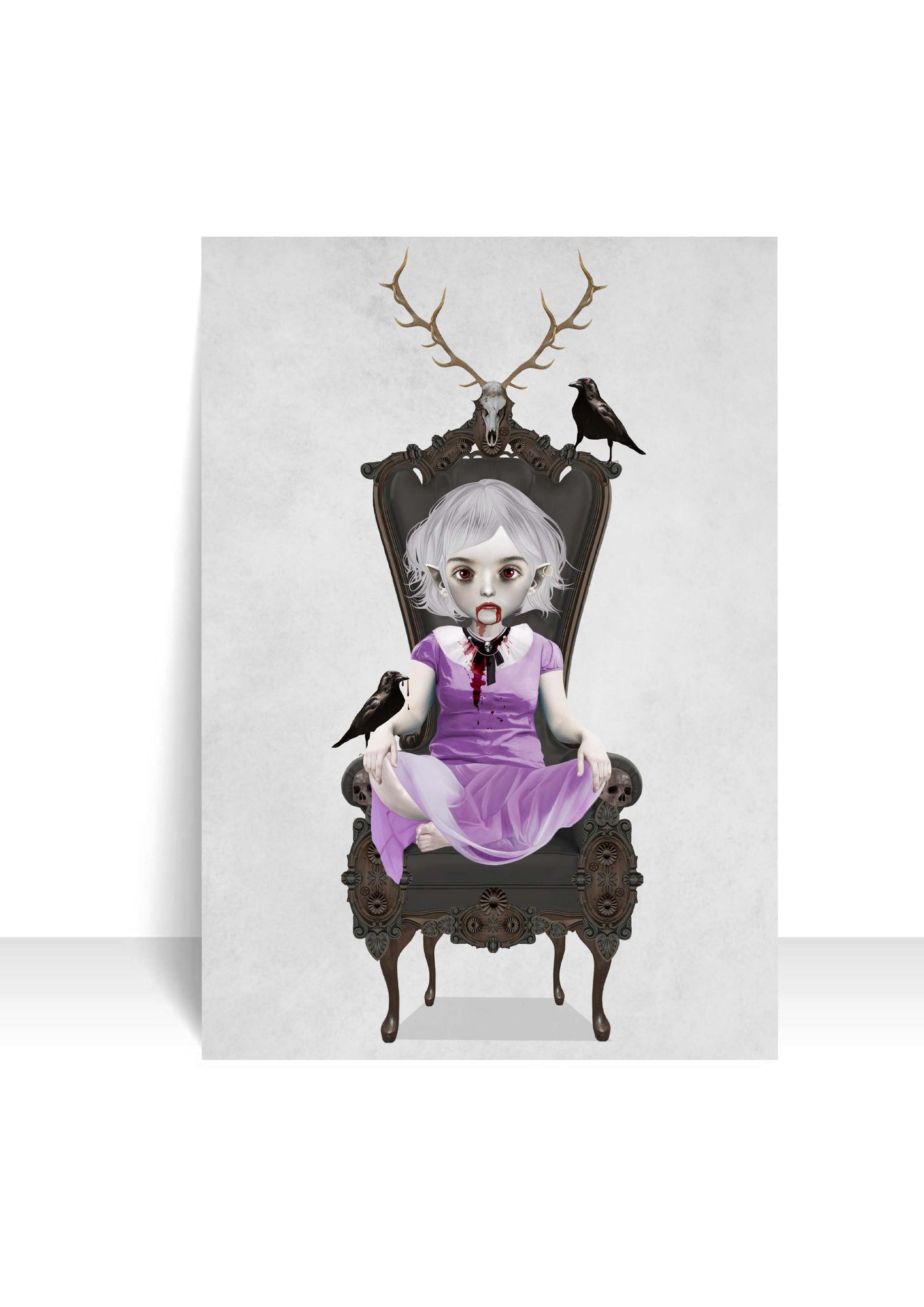 Gothic art postcard featuring a vampire and her pet ravens, blending dark fantasy with a playful, artistic style