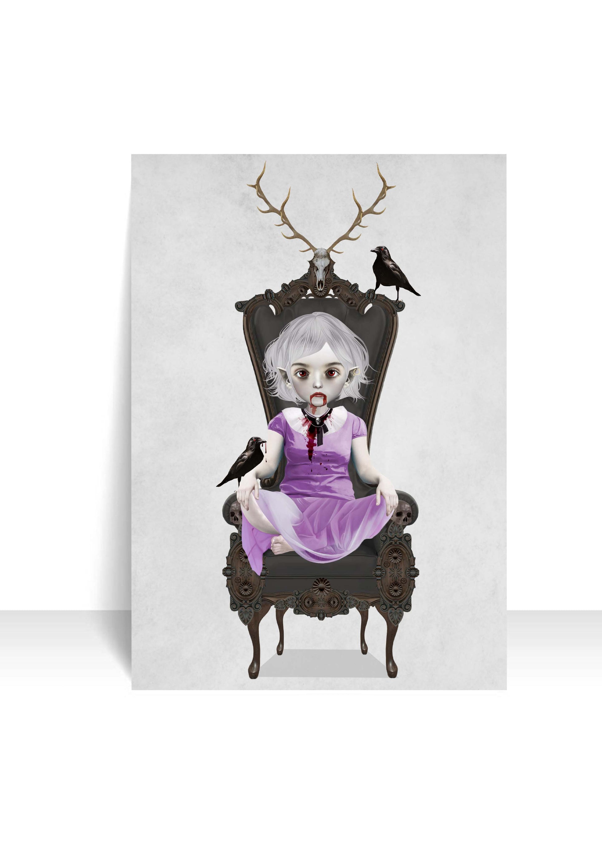 Gothic art postcard featuring a vampire and her pet ravens, blending dark fantasy with a playful, artistic style