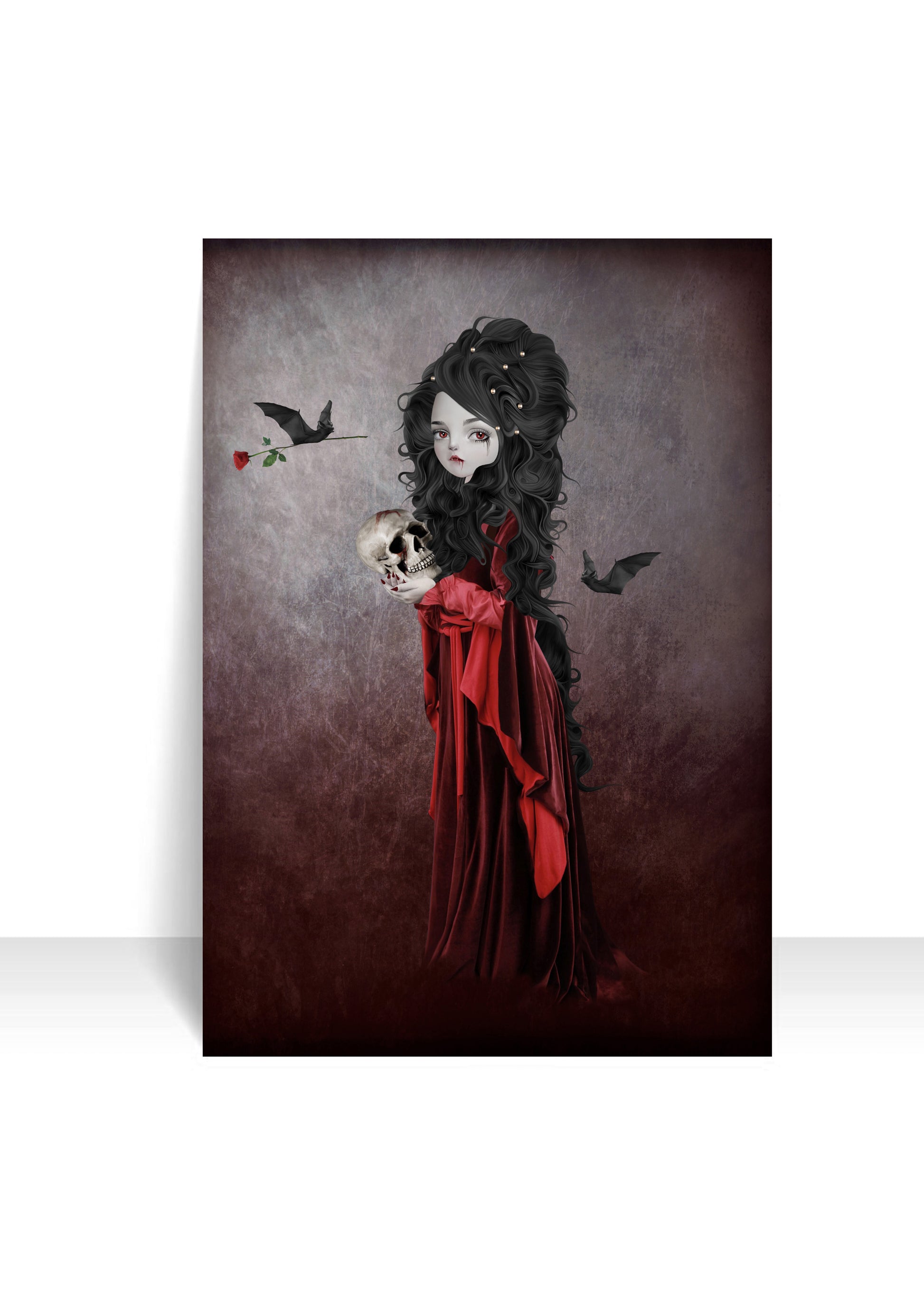 Gothic art postcard featuring a vampire girl and skull, blending dark fantasy with macabre style.