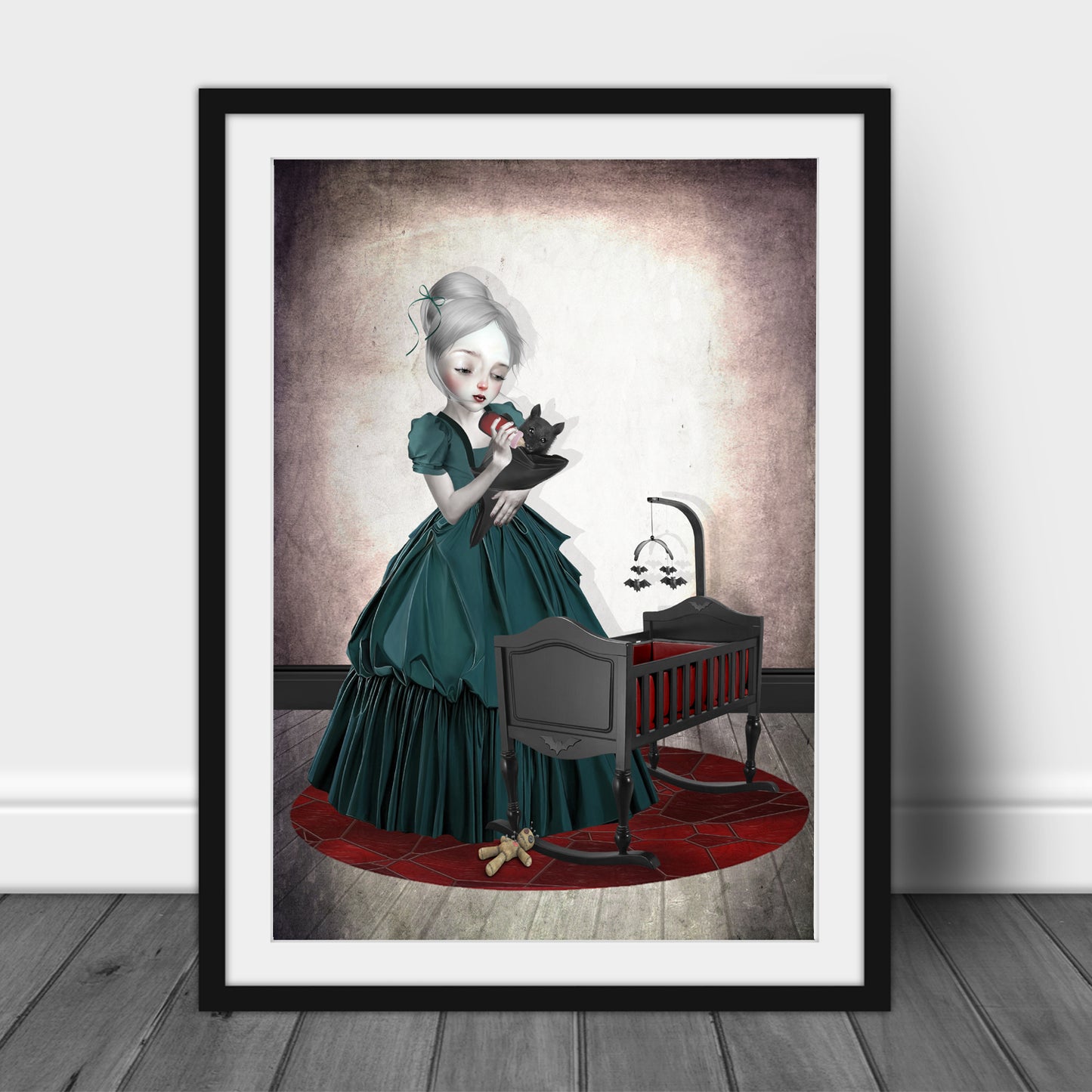 Art print of a vampire girl and vampire bat, leaning against a wall, creating a gothic and eerie atmosphere with dark and surreal elements