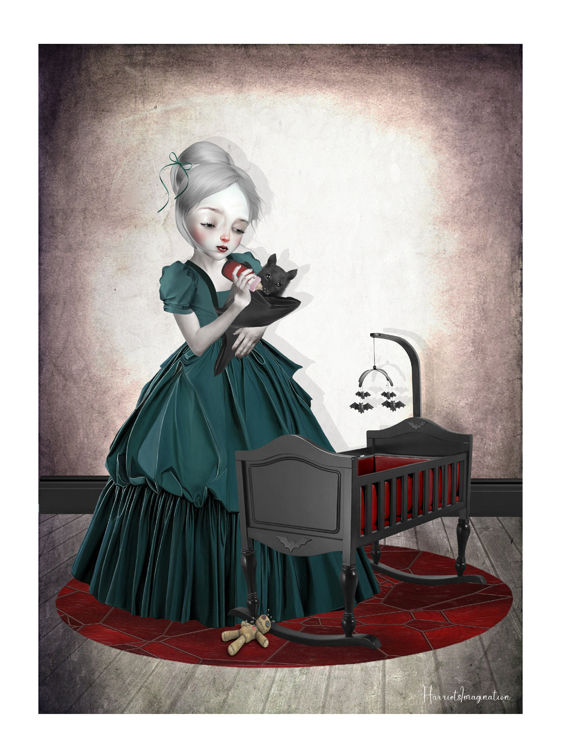 A dark surreal art print featuring a vampire girl and vampire bat, displayed without a frame.