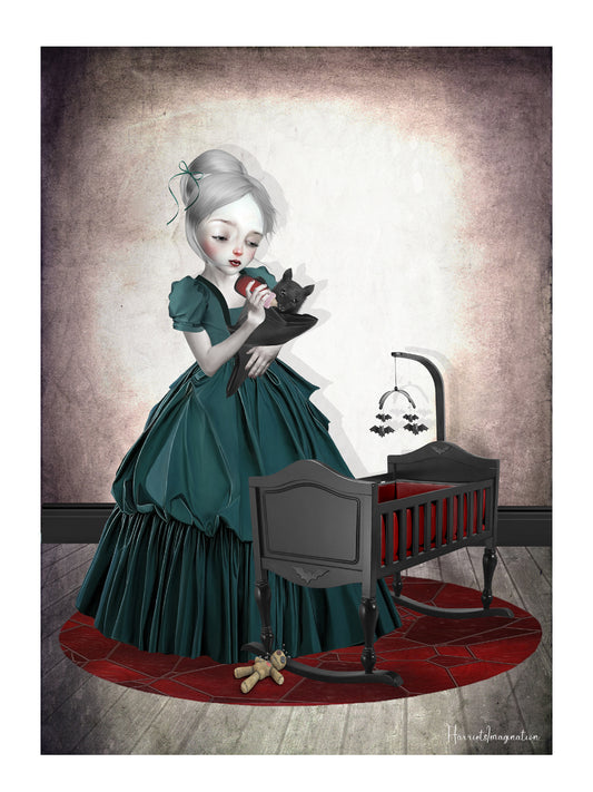 A dark surreal art print featuring a vampire girl and vampire bat, displayed without a frame.