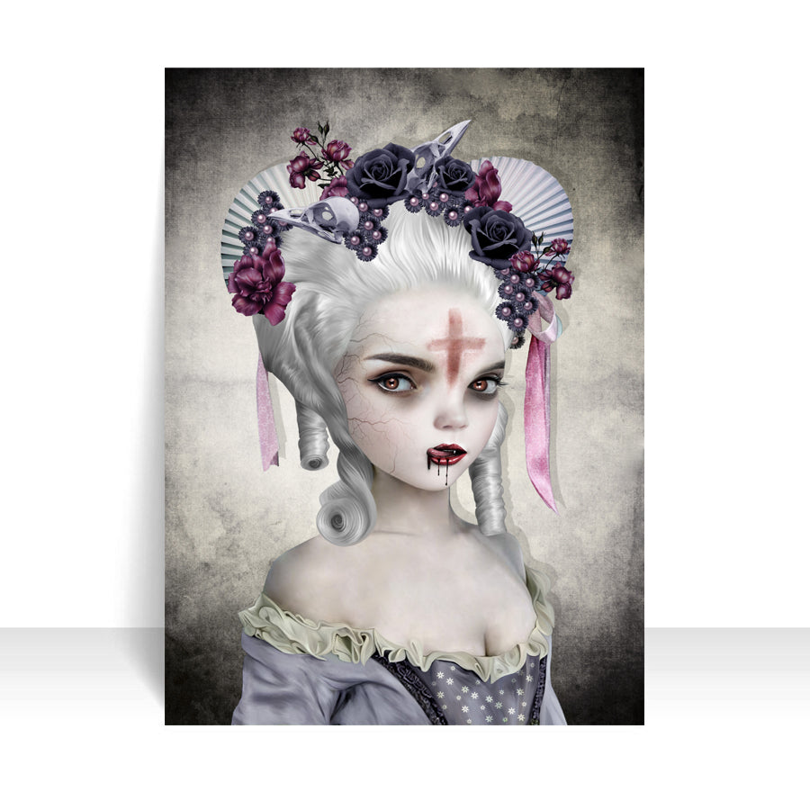 Close-up of Vampire portrait ACEO art card against a white background, highlighting its intricate creepy cute details.
