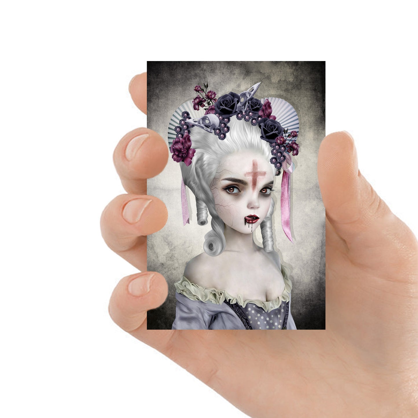 Close-up of Vampire portrait ACEO art card against a white background, highlighting its intricate creepy cute details.