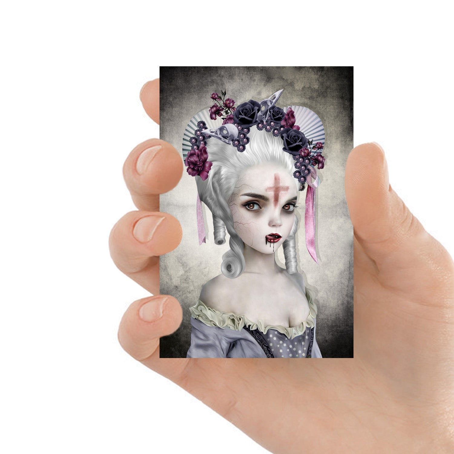 Close-up of Vampire portrait ACEO art card against a white background, highlighting its intricate creepy cute details.