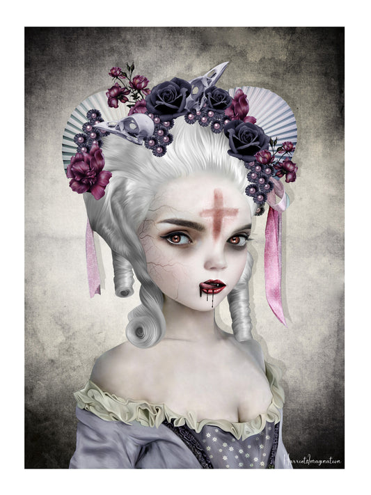 A gothic portrait art print featuring a vampire lady, displayed without a frame.