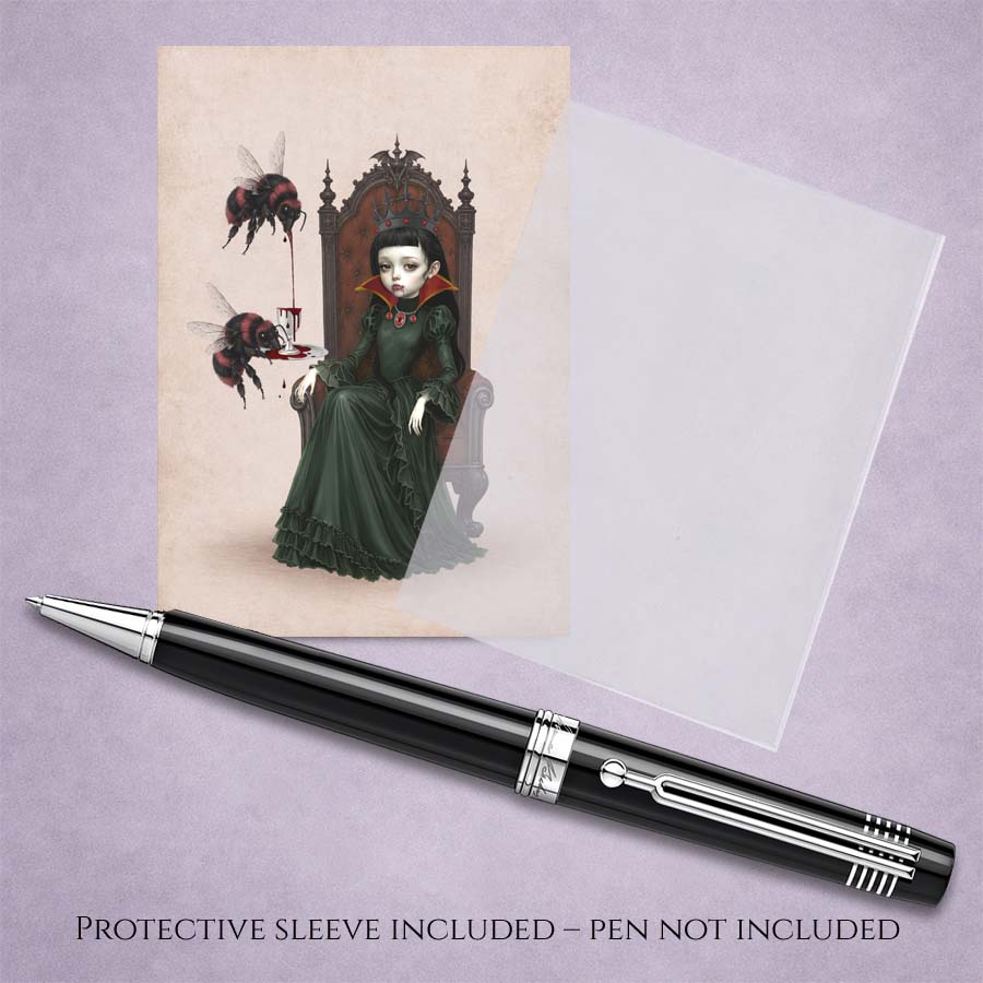 ACEO miniature gothic art print with protective sleeve features a dark-haired vampire queen on a throne with large red-and-black bumblebees pouring blood from a goblet.