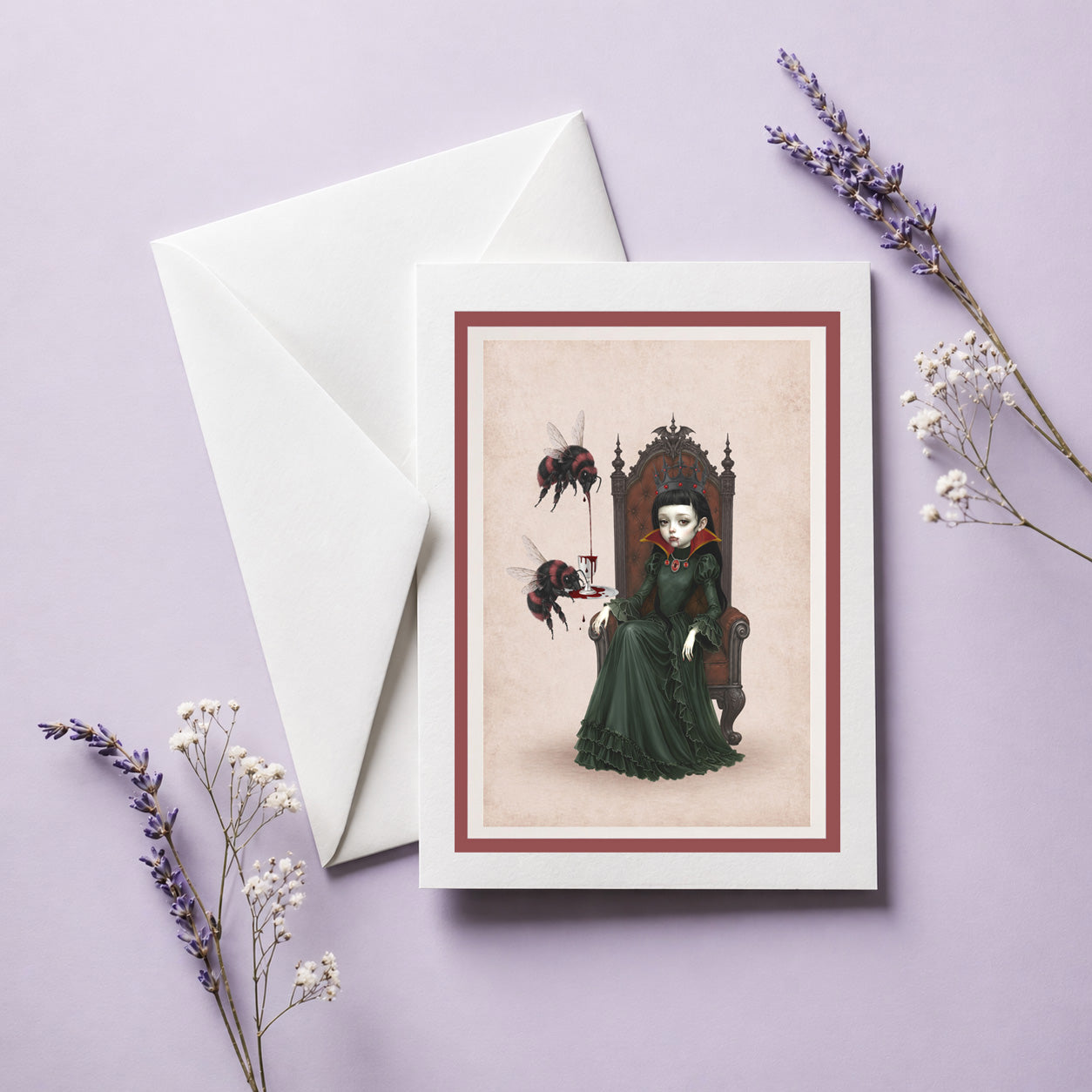 Premium art greeting card with envelope featuring a gothic vampire queen on a throne with large red and black bumblebees, blank inside and designed ready to frame.