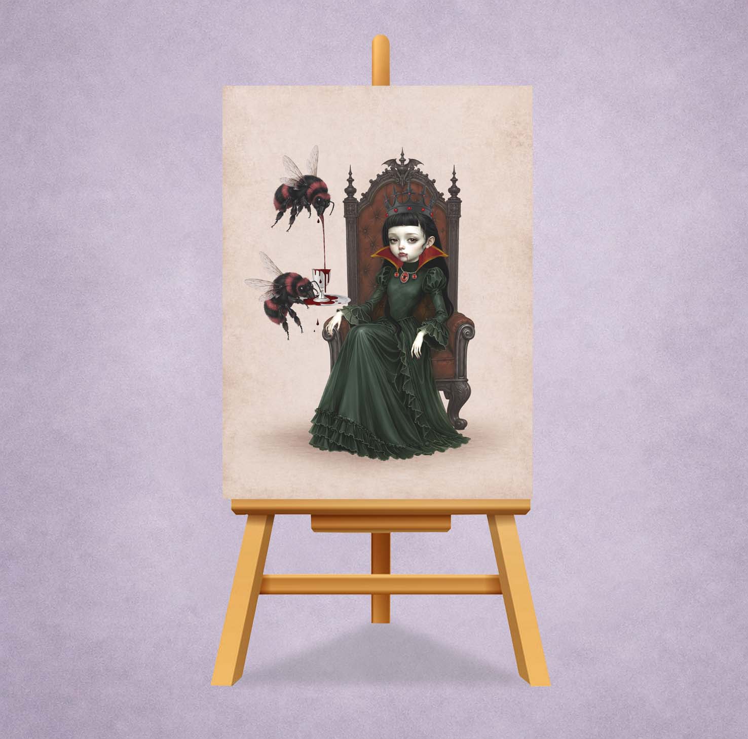 ACEO miniature gothic art print on a miniature stand features a dark-haired vampire queen on a throne with large red-and-black bumblebees pouring blood from a goblet.