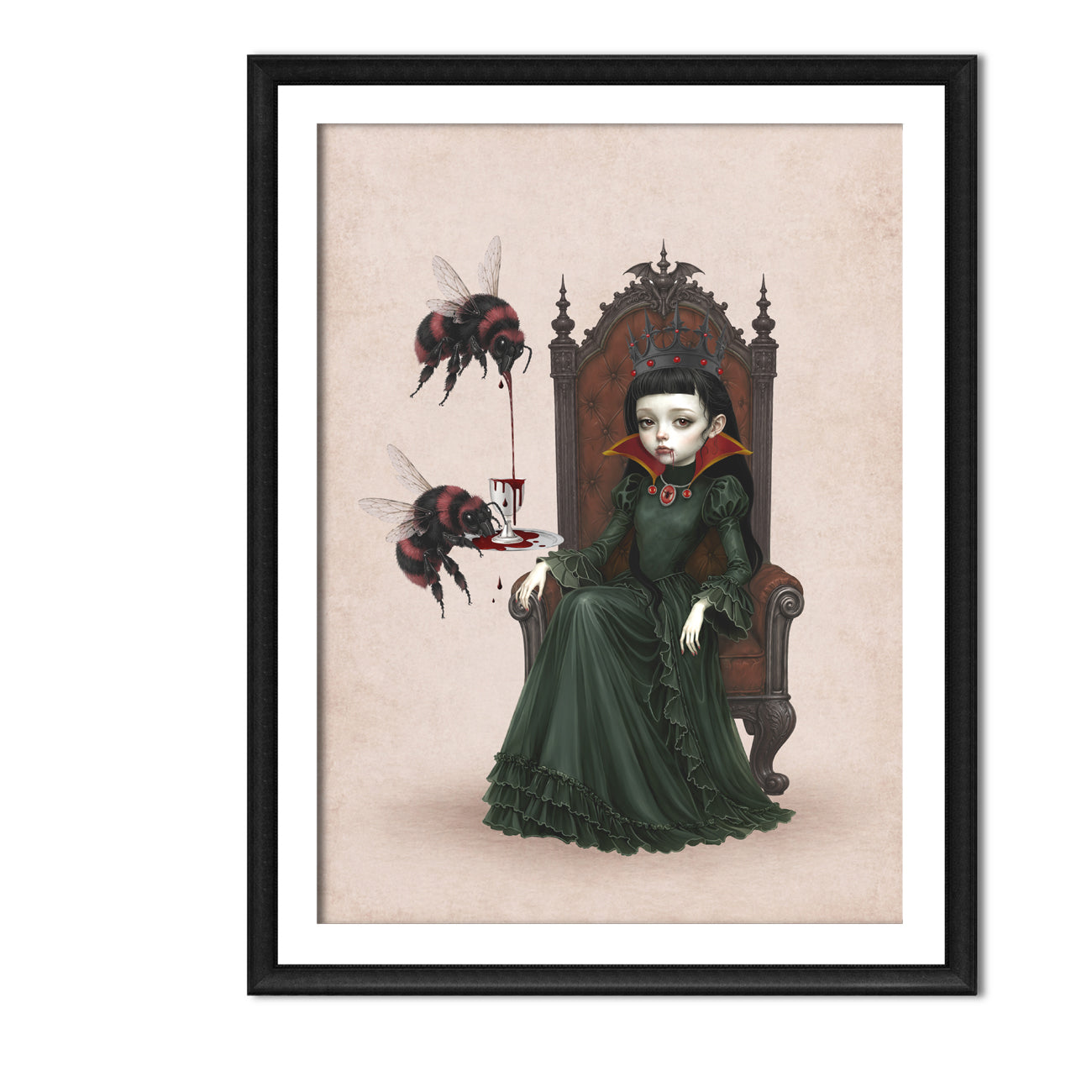 Gothic pop surrealism art print in an A4 frame featuring a vampire queen with a black crown sitting on a throne, with two large red-and-black bumblebees pouring blood from a goblet