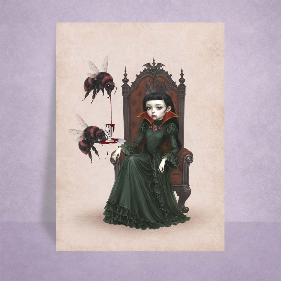 ACEO miniature gothic art print displayed on a lilac background features a dark-haired vampire queen on a throne with large red-and-black bumblebees pouring blood from a goblet.