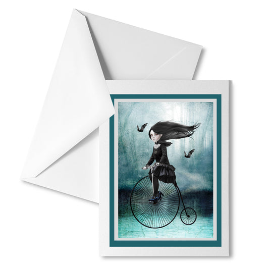 Vampire on Penny Farthing Greeting Card. Featuring a vampire girl riding a penny farthing with her bat friends.