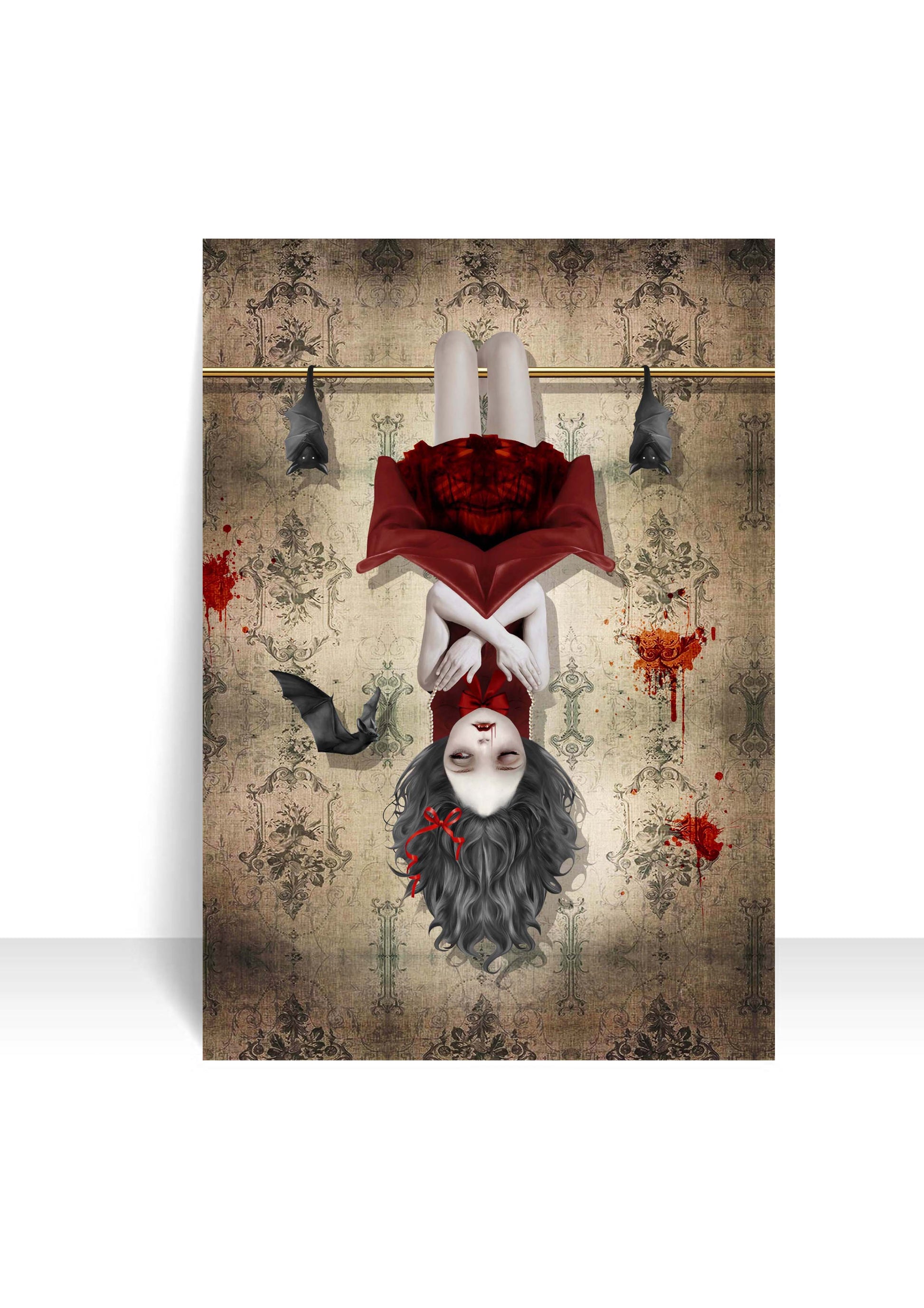 Gothic art postcard featuring a vampire girl and bats in belfry, blending dark fantasy with a Macabre style.