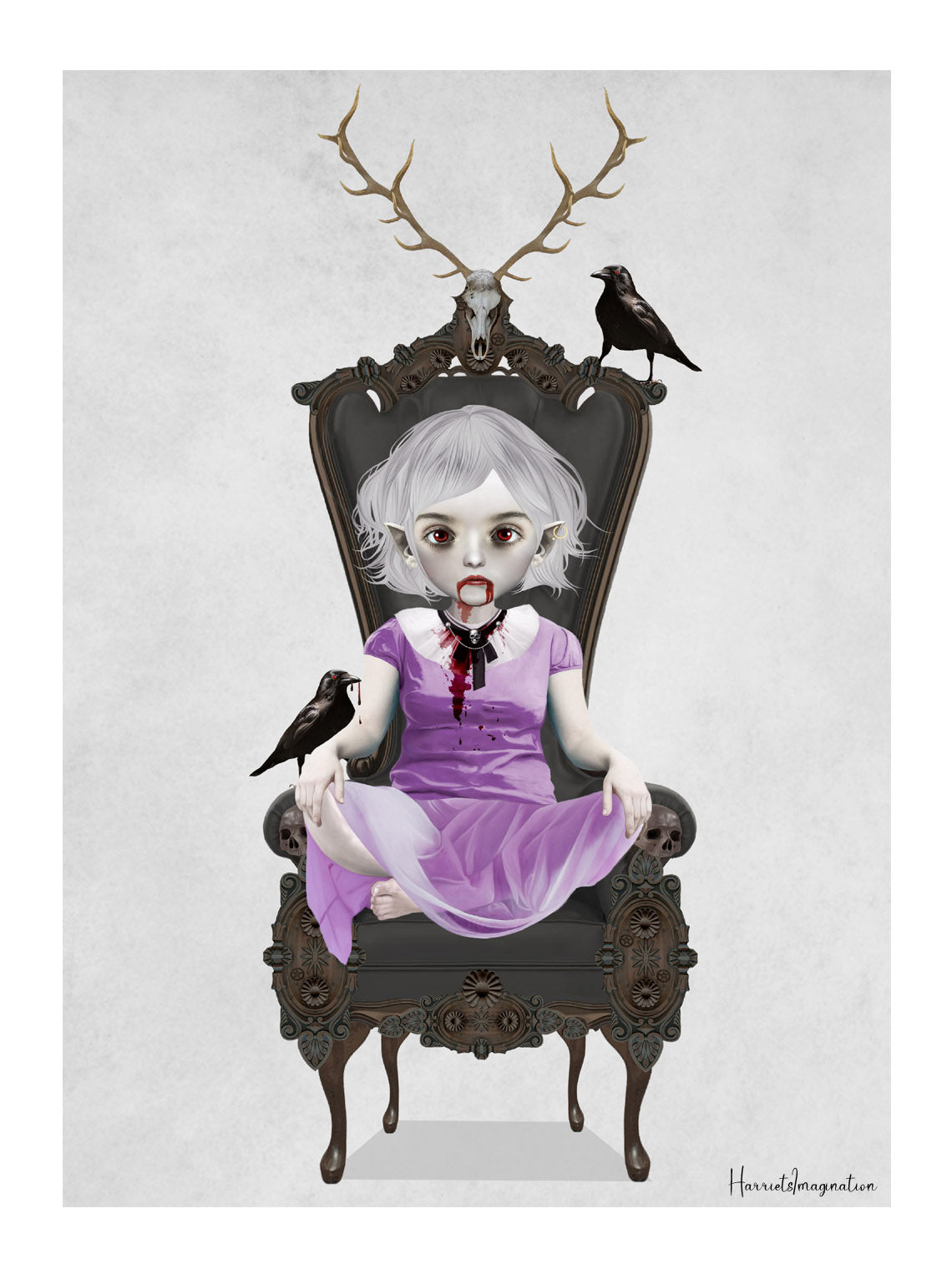 Vampire Art Print featuring a captivating vampire girl sitting in an ornate chair, her loyal ravens by her side.