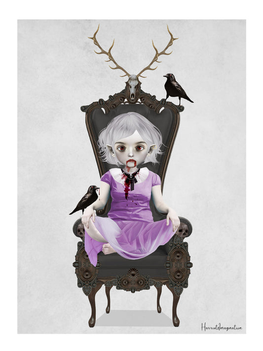 Vampire Art Print featuring a captivating vampire girl sitting in an ornate chair, her loyal ravens by her side.