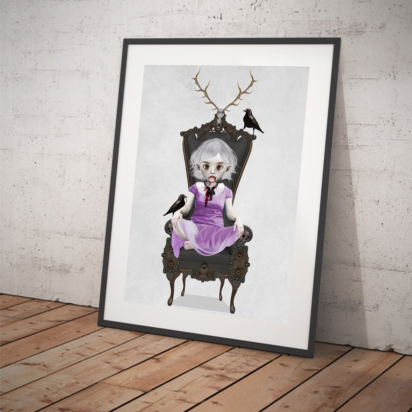 Creepy cute Vampire Art Print featuring a captivating vampire girl sitting in an ornate chair, her loyal ravens by her side.