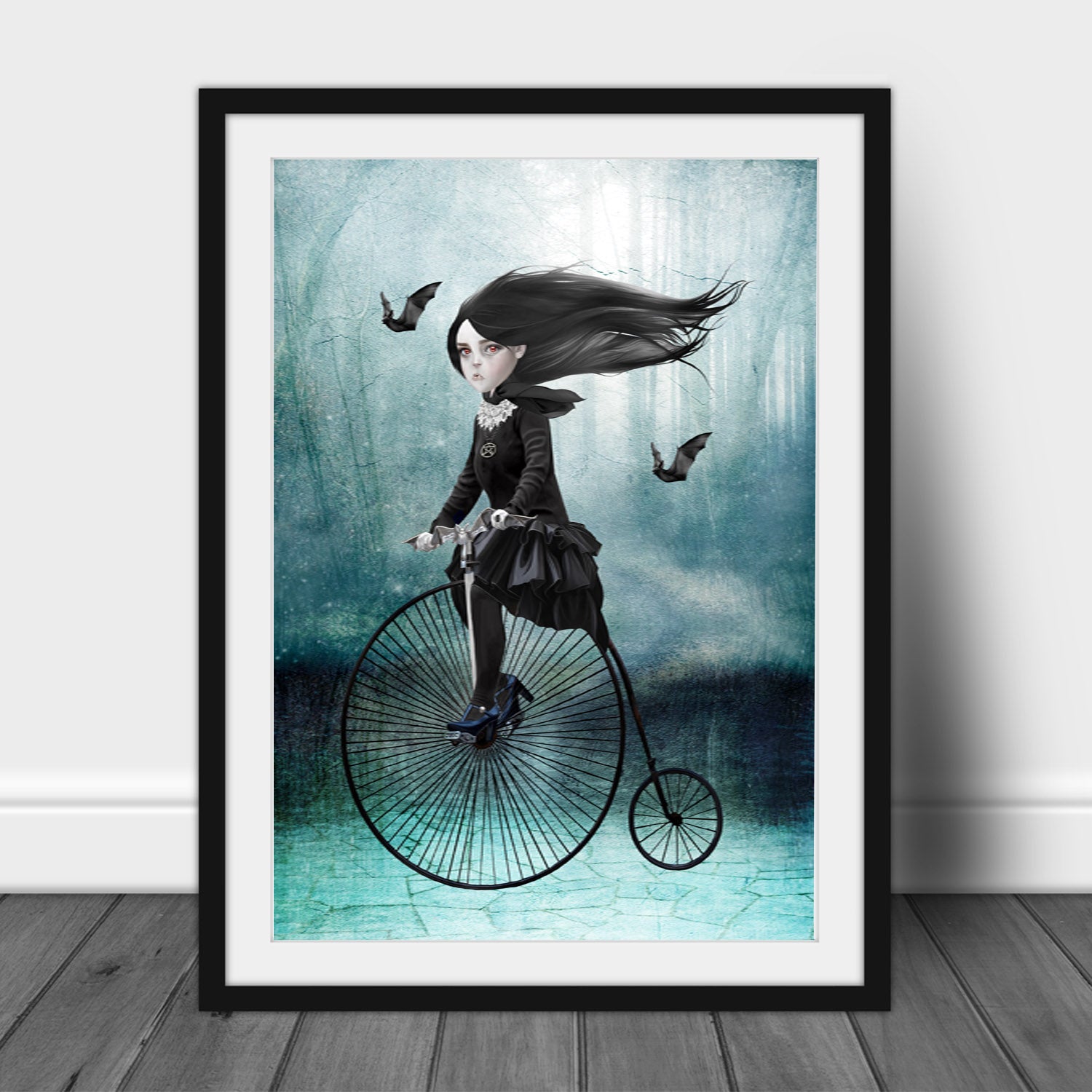 Gothic fantasy Art Print - featuring a vampire girl riding a penny farthing beneath a moonlit sky, with her bats soaring alongside her.