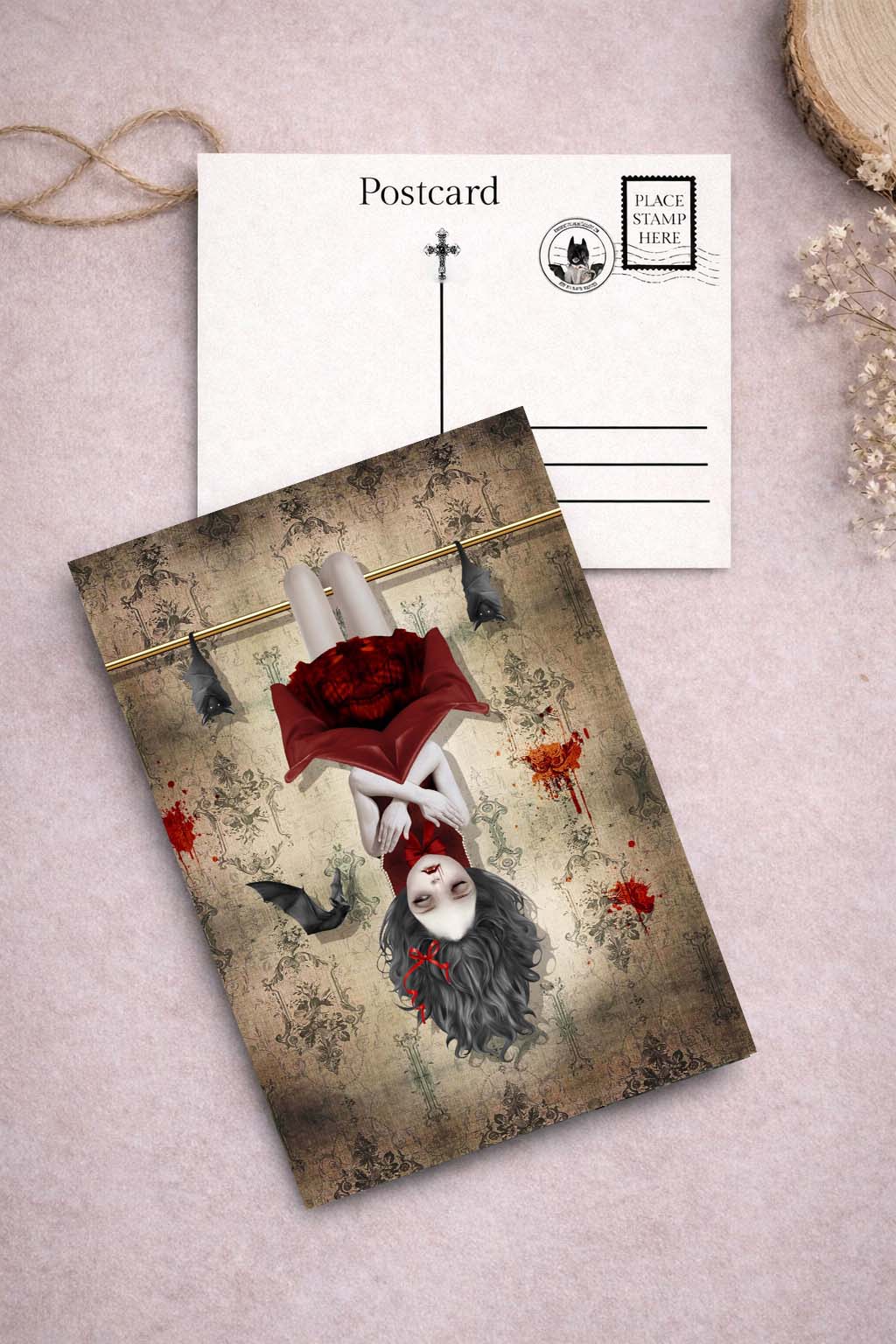 Vampire and bats upside down art postcard from Vampire art postcard set.