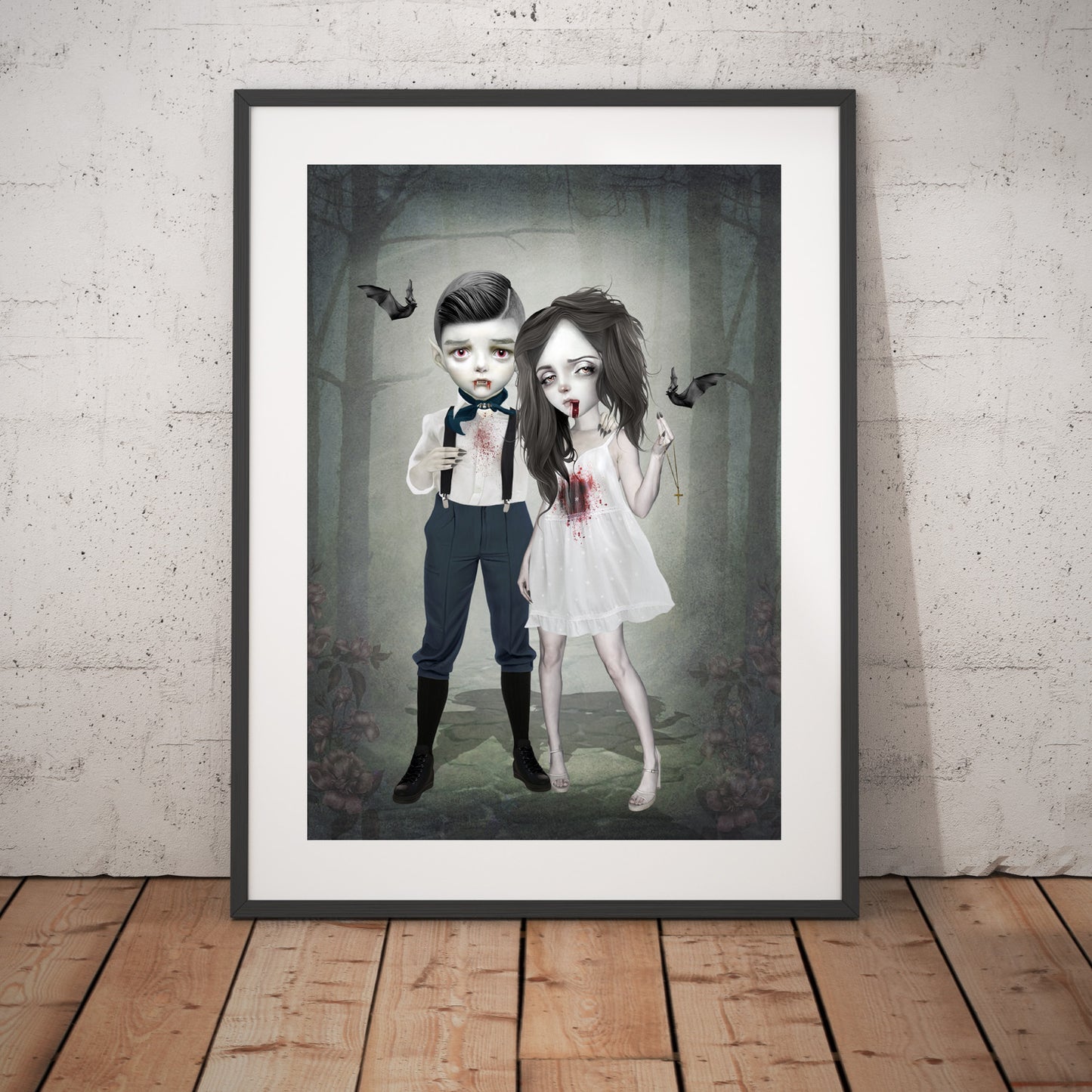Dark gothic fantasy art print, image is a forever young vampire couple beneath the moonlight.