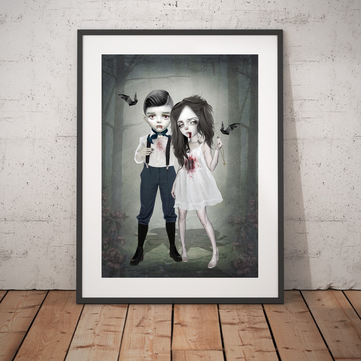 Dark gothic fantasy art print, image is a forever young vampire couple beneath the moonlight.