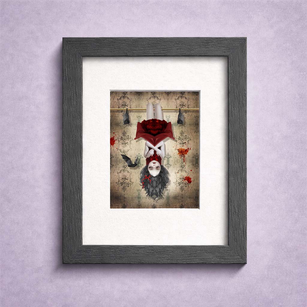 Framed artwork of a vampire girl and her bats hanging from the belfry.