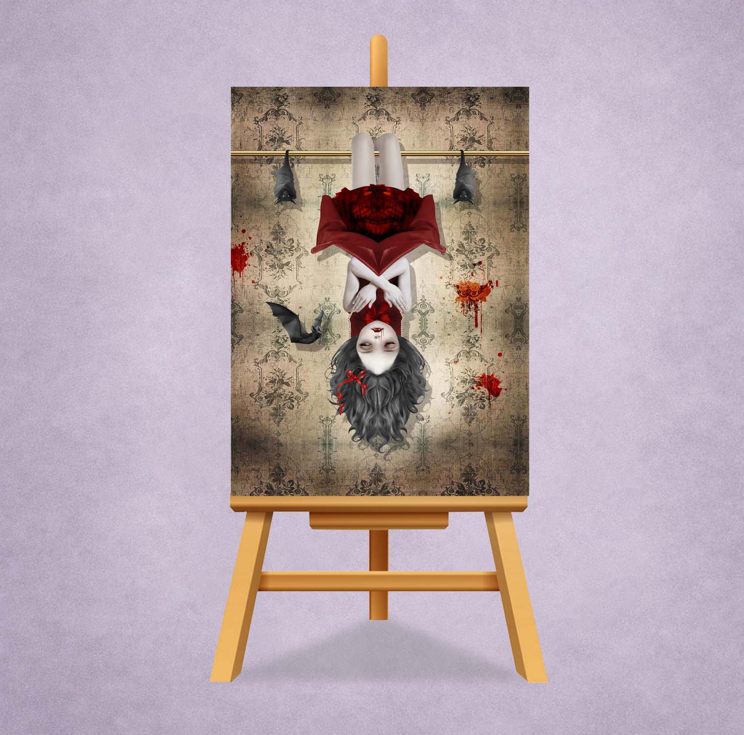 ACEO art card featuring a vampire girl hanging friom the belfry with her bats, on a miniature display stand