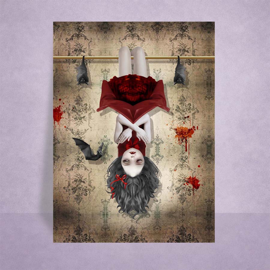 vampire girl hanging friom the belfry with her bats ACEO at card on lilac background.
