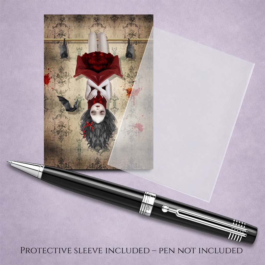 Vampire girl and bats ACEO art card with clear sleeve and pen for display.