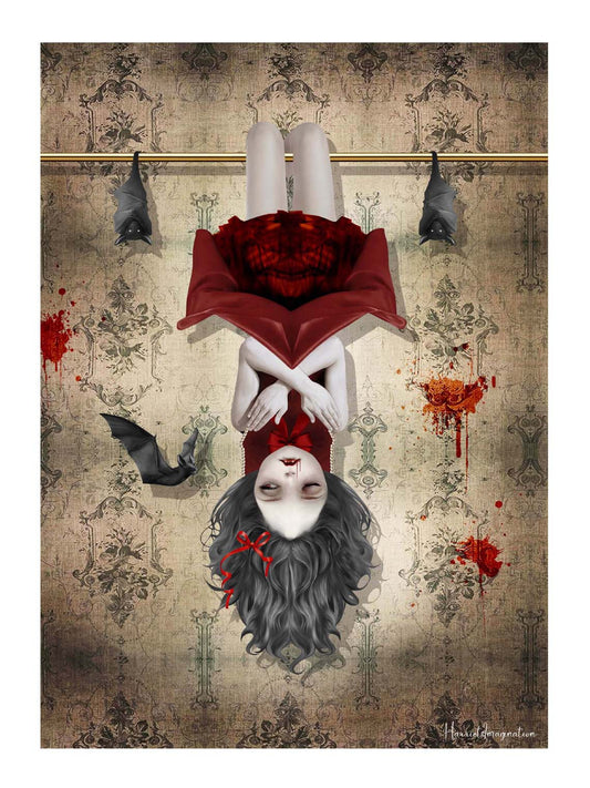 Gothic-inspired art print features a vampire girl hanging upside down in the belfry with her loyal bats by her side.