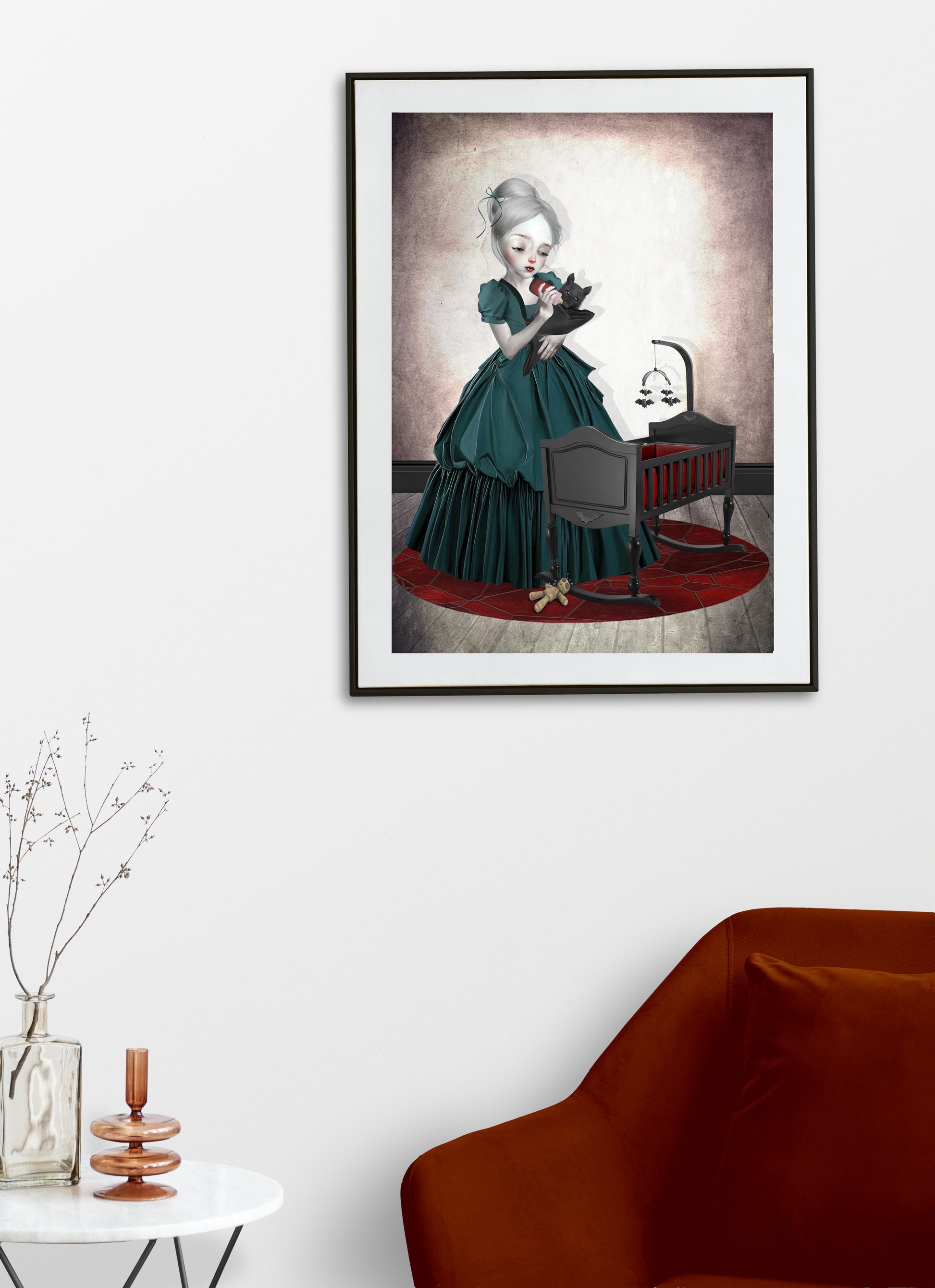 Vampire Girl and vampire bat art print hanging on the wall of a modern living room. Perfect for adding a  touch to your home decor.