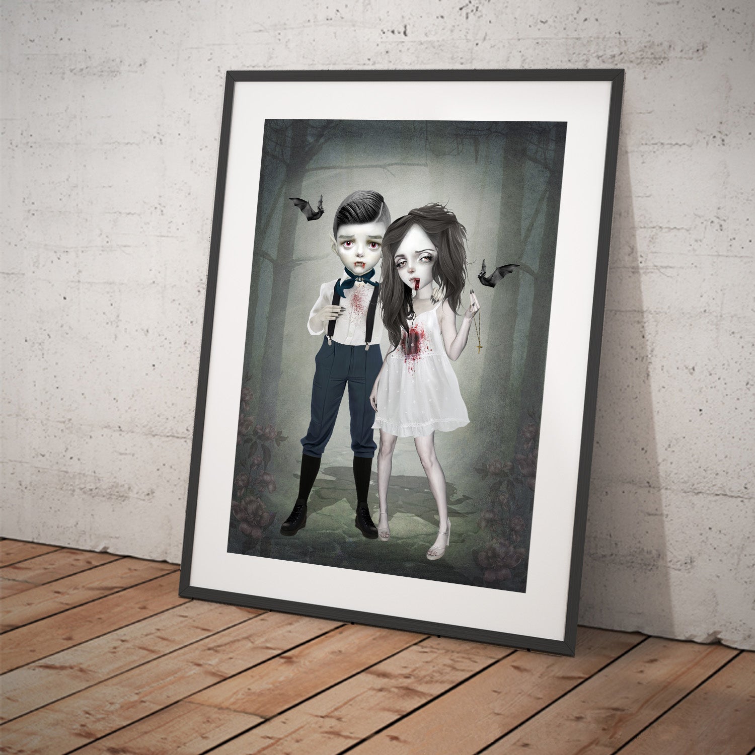 Forever Young vampire art print, a young vampire couple in the moonlight.