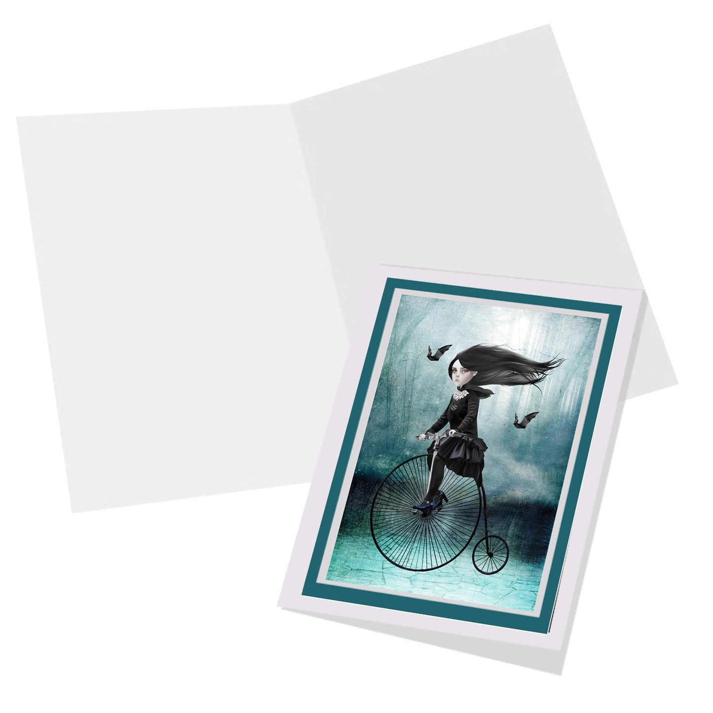Vampire on penny farthing greeting card, blank inside for your own personal message.