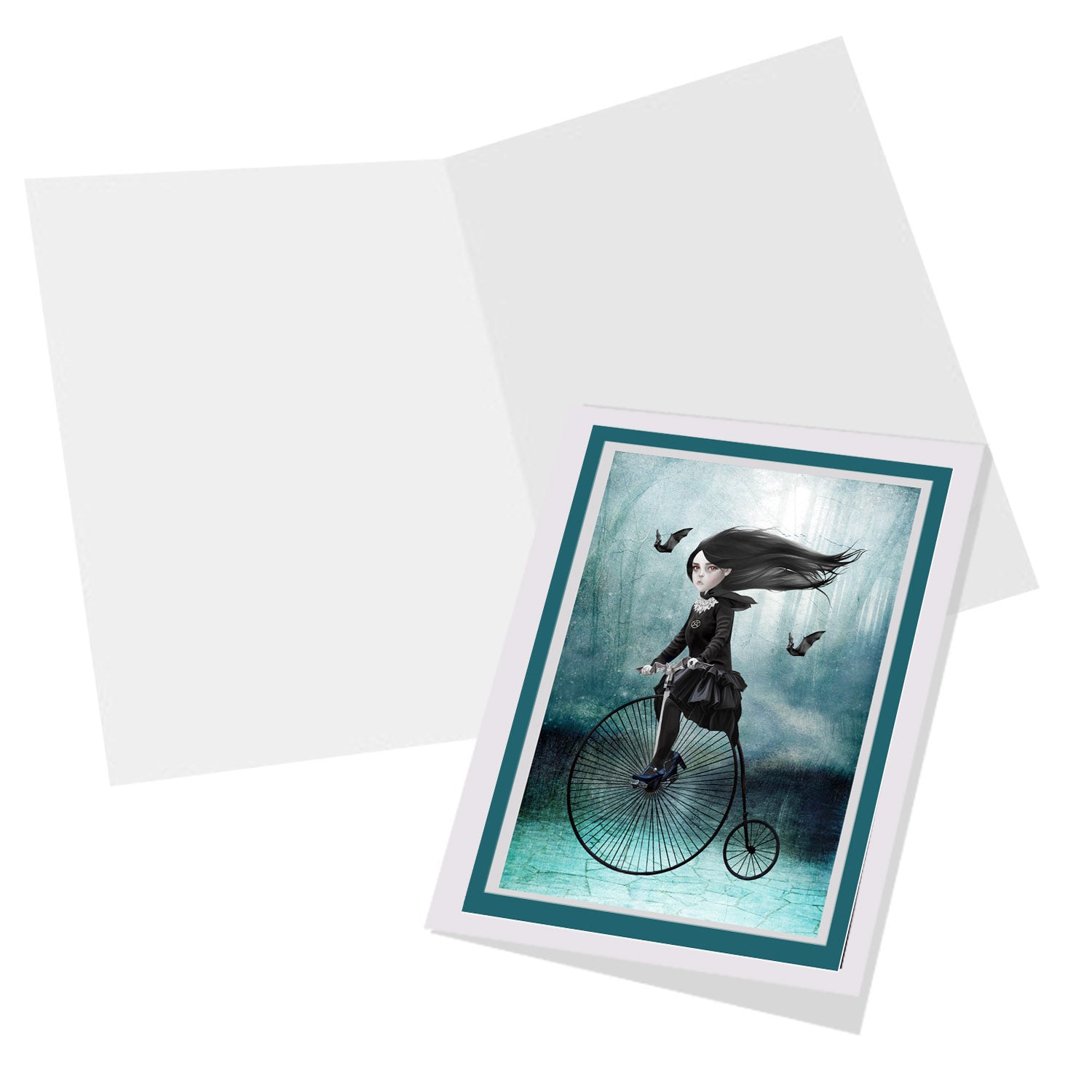 Vampire on penny farthing greeting card, blank inside for your own personal message.