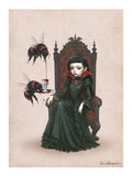 Gothic pop surrealism art print featuring a dark-haired vampire queen with a black crown sitting on a throne, with two large red-and-black bumblebees pouring blood from a goblet