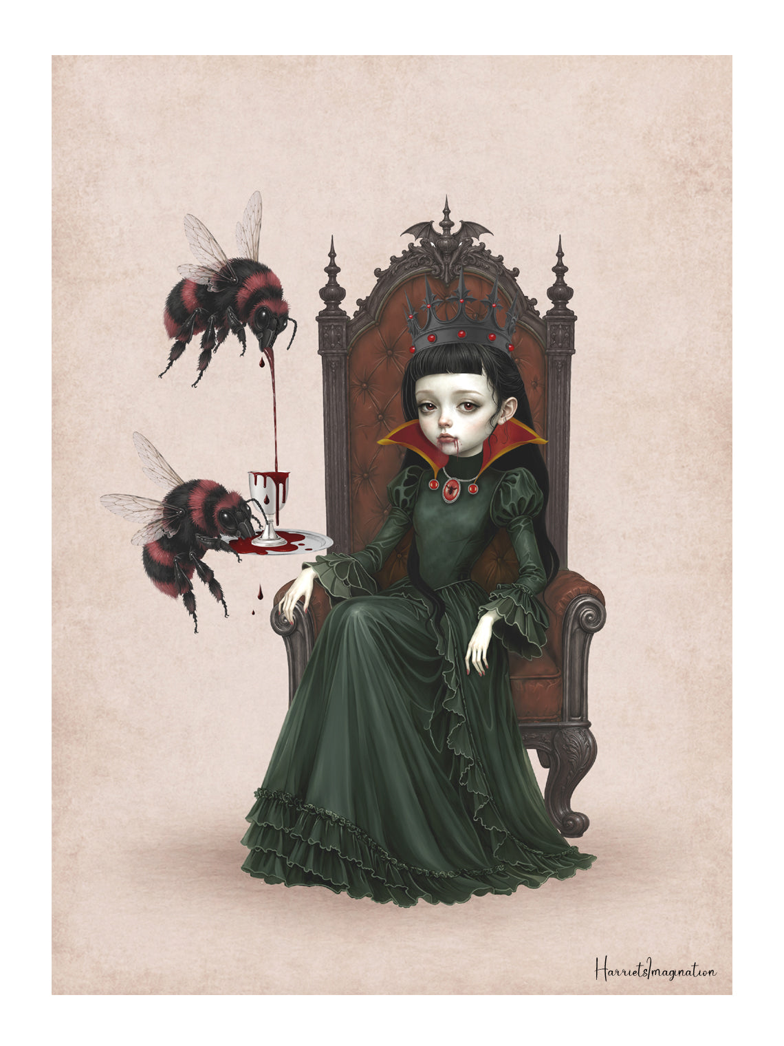 Gothic pop surrealism art print featuring a dark-haired vampire queen with a black crown sitting on a throne, with two large red-and-black bumblebees pouring blood from a goblet