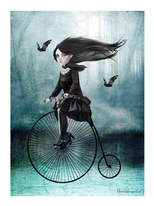 Dark Whimsical Art Print - featuring a vampire girl riding a penny farthing beneath a moonlit sky, with her bats soaring alongside her.