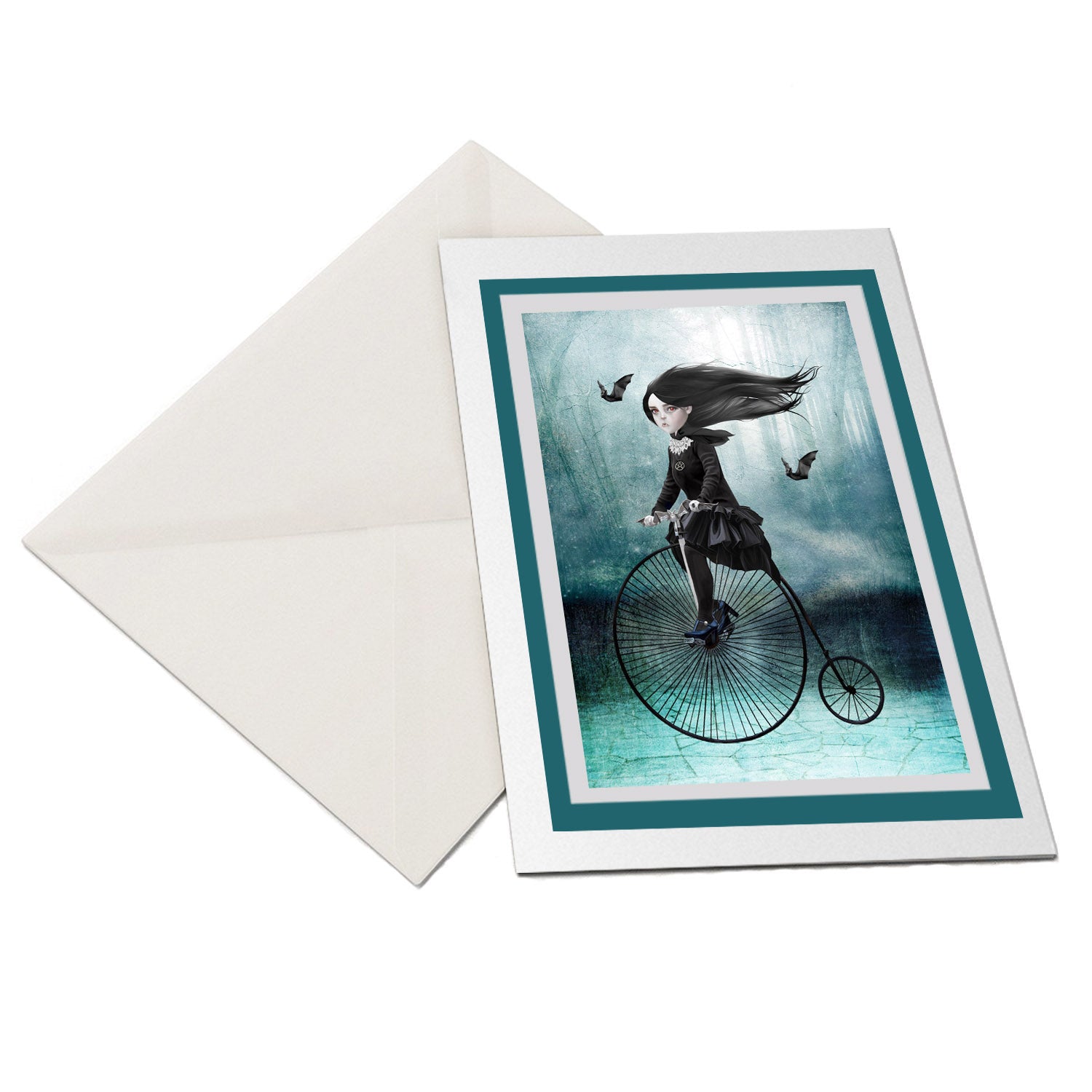 Creepy Cute Greeting Card. Featuring a vampire girl riding a penny farthing with her bat friends.