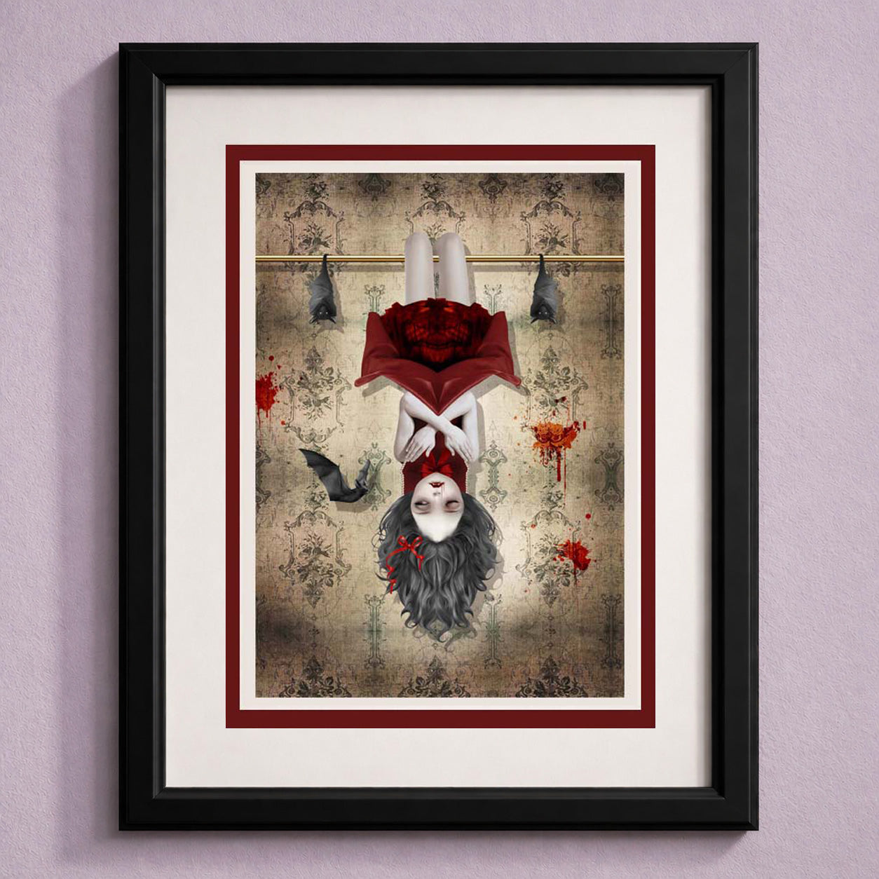 Framed art greeting card featuring Moody vampire girl surrounded by bats in creepy cute style.