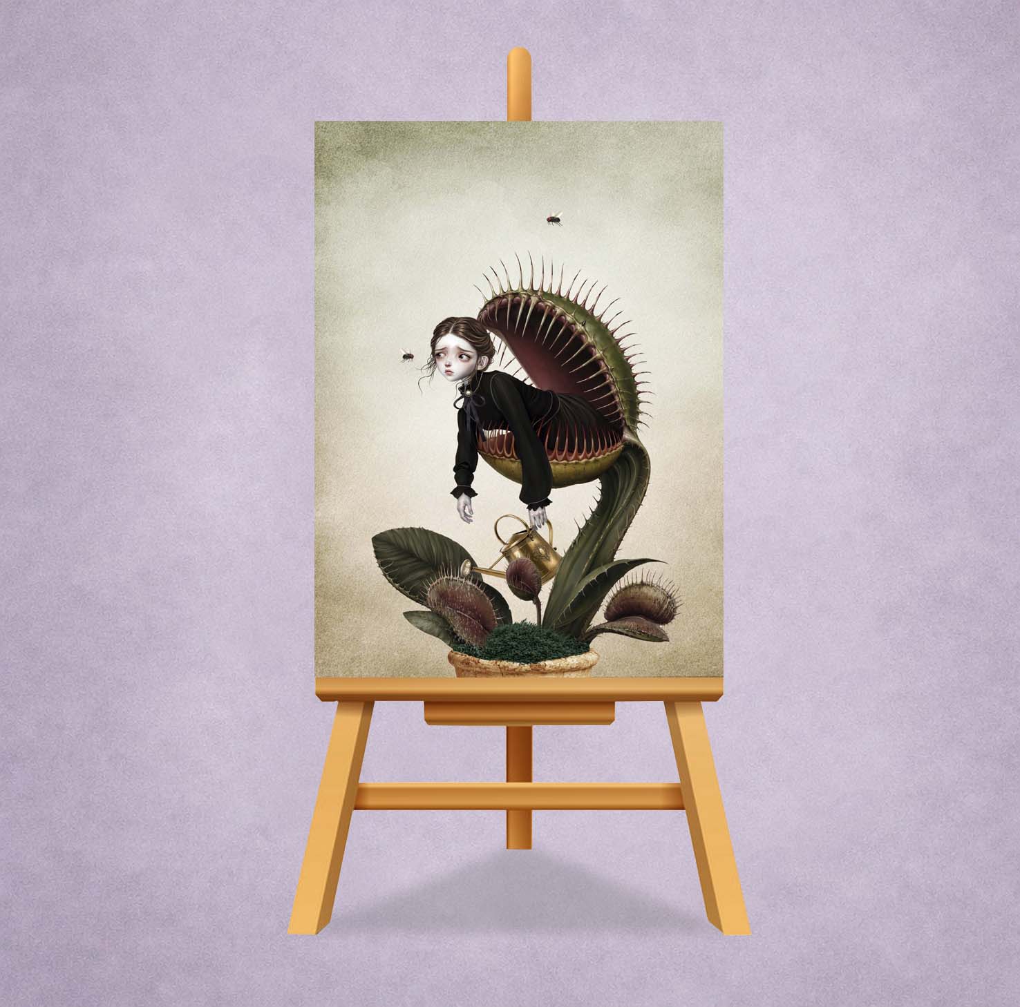 A miniature Victorian gothic ACEO art card of a melancholy girl trapped in a giant Venus flytrap, displayed vertically on a small wooden tabletop display easel against a textured purple background.