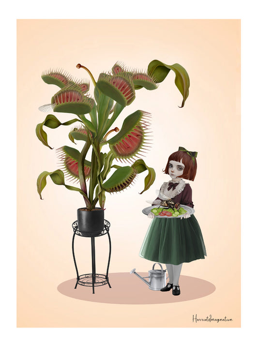 Carnivorous Plant Art print. Featuring a surreal scene of a girl serving a giant fly on a platter to her Venus Flytrap