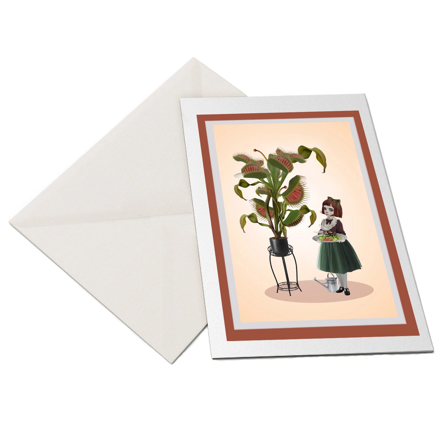 Quirky Art greeting card, perfect for framing. A girl feeds her venus fly trap a giant fly. 