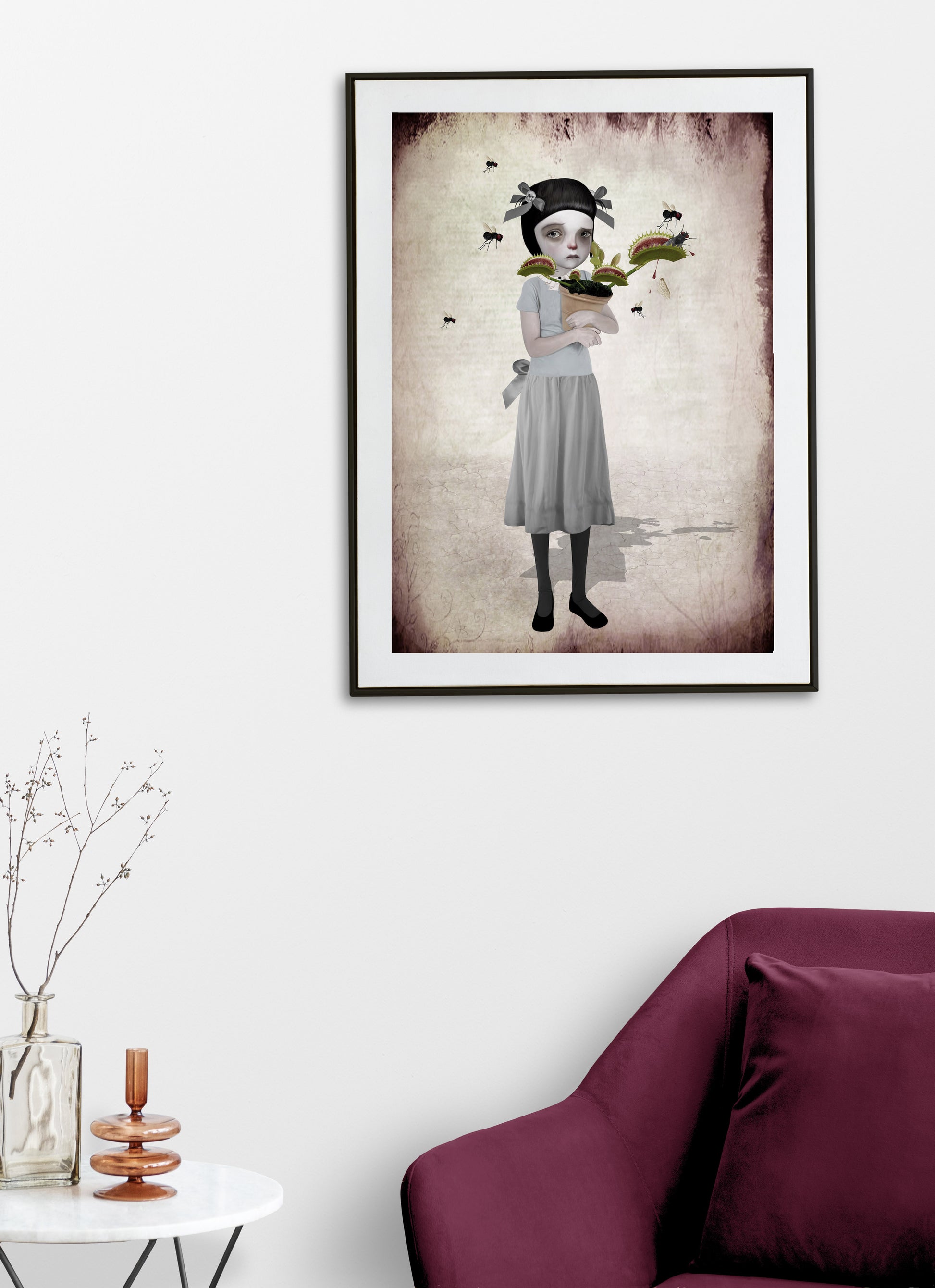 Pop Surrealism Art Print on living room wall art, features a tearful girl holding her Venus Flytrap as it chomps on flies.